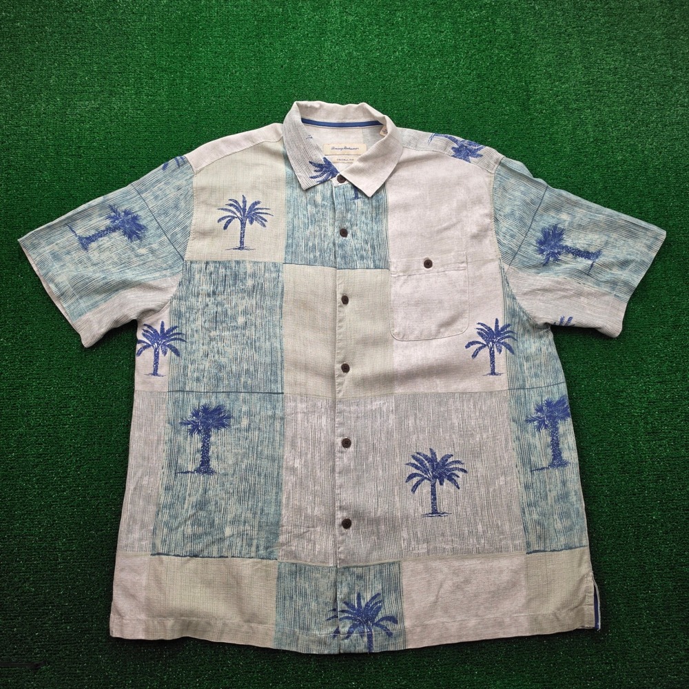 Tommy Bahama Hawaiian Camp Shirt Mens‎ Large Patchwork Palm Tree 100% Silk